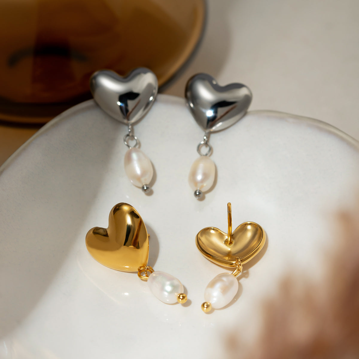 18K Gold Plated Heart Pearl Drop Earrings