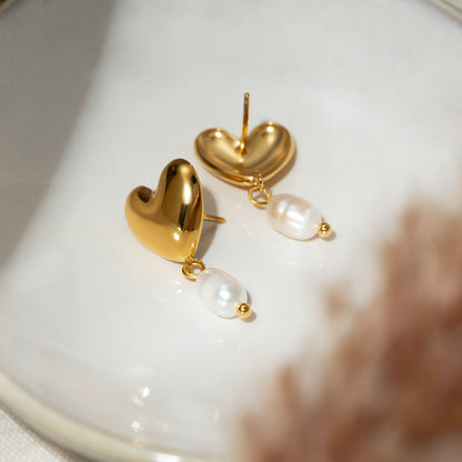 18K Gold Plated Heart Pearl Drop Earrings