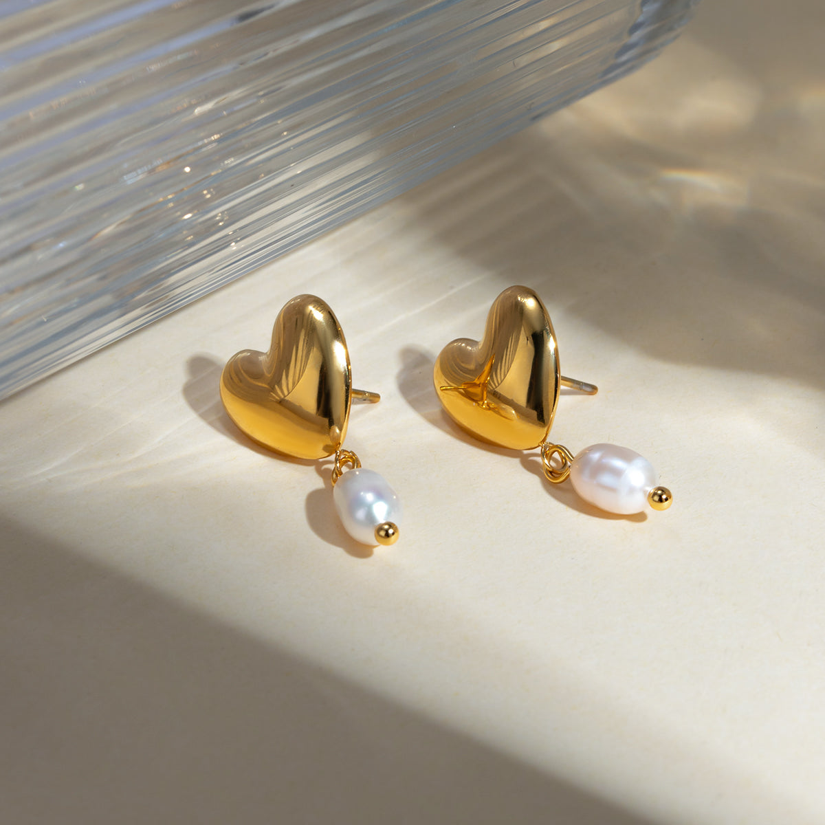 18K Gold Plated Heart Pearl Drop Earrings